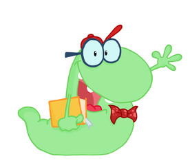 Waving Green Worm Student Carrying A Book