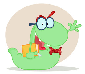 Friendly Blue School Worm Student Waving And Carrying A Book
