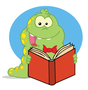 Excited Green Caterpillar Reading An Entertaining Book