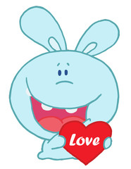 Blue Rabbit Laughing And Holding a Red Heart Love Valentine