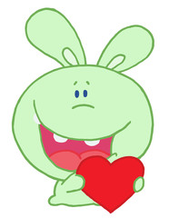Green Rabbit Laughing And Holding a Red Heart