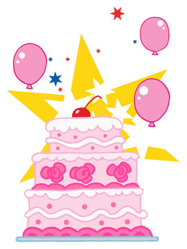 Cake With Pink And White Frosting, Balloons And Stars