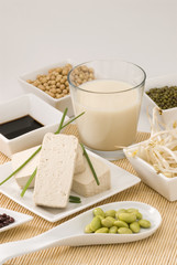 Assorted soy products on white background.