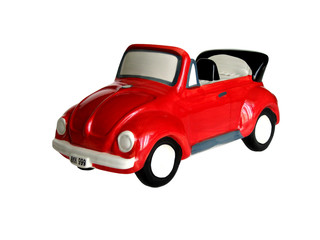 Red children's piggy bank car on a white background