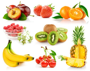 set fresh fruits with green leaves