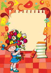 School childhood. Small girl with flowers in the school.