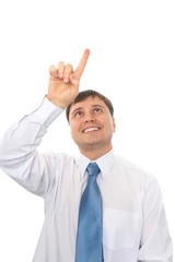 businessman presses a finger on a virtual button