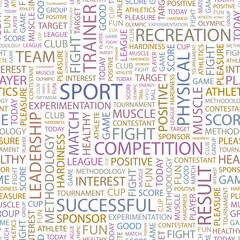 SPORT. Seamless vector pattern with word cloud.