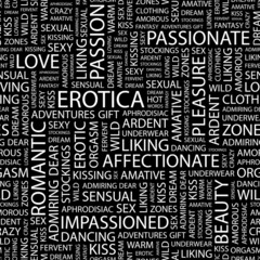 EROTICA. Seamless vector pattern with word cloud.