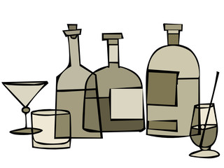 Vector illustration with bottles of alcohol and glasses