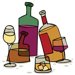 Vector illustration with bottles of alcohol and glasses