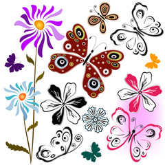 Set abstract butterflies and flowers