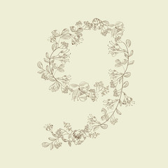 Floral font. Number 9