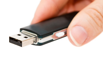 Flash drive in hand isolated on white background