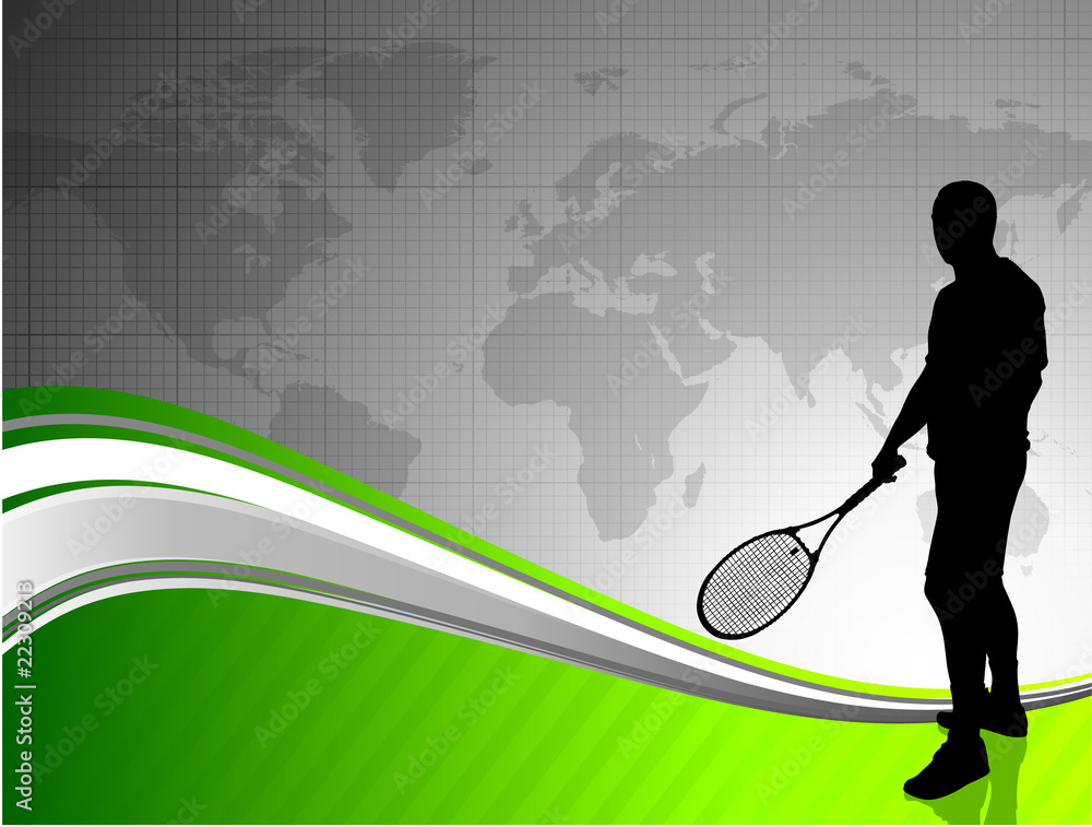 Poster tennis player with world map on abstract background