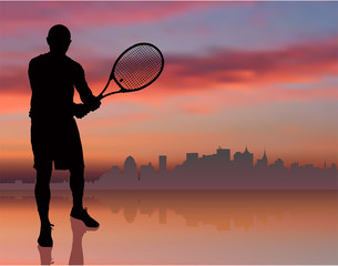 Tennis Player on Sunset Background with Skyline