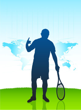 Tennis Player with World Map on Field