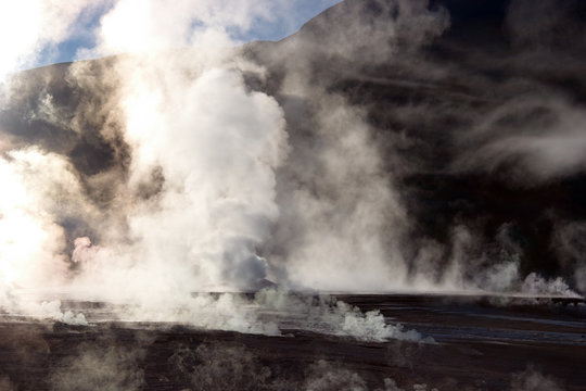 Vapor rising from geyser field, Chile