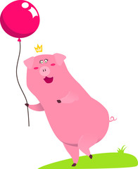 cute piglet-princess with a balloon and a crown