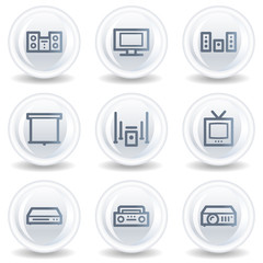 Audio video web icons, white glossy circle buttons