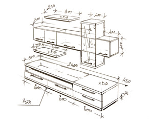 Modern interior design freehand drawing isolated on white.