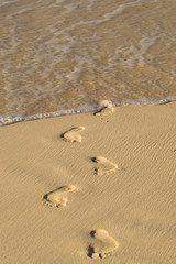 Footprints on white sand beach