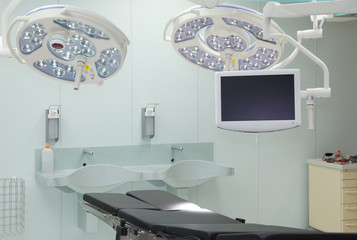 Equipment for operating room. Special lamps, monitor and desk.