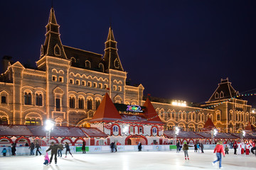 skating-rink on red square in moscow at night. GUM trading house
