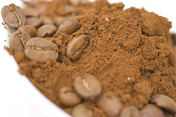 Coffee beans and ground coffee.