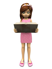 Cute cartoon girl reading book.