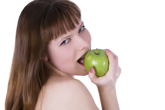 picture of topless woman with green apple