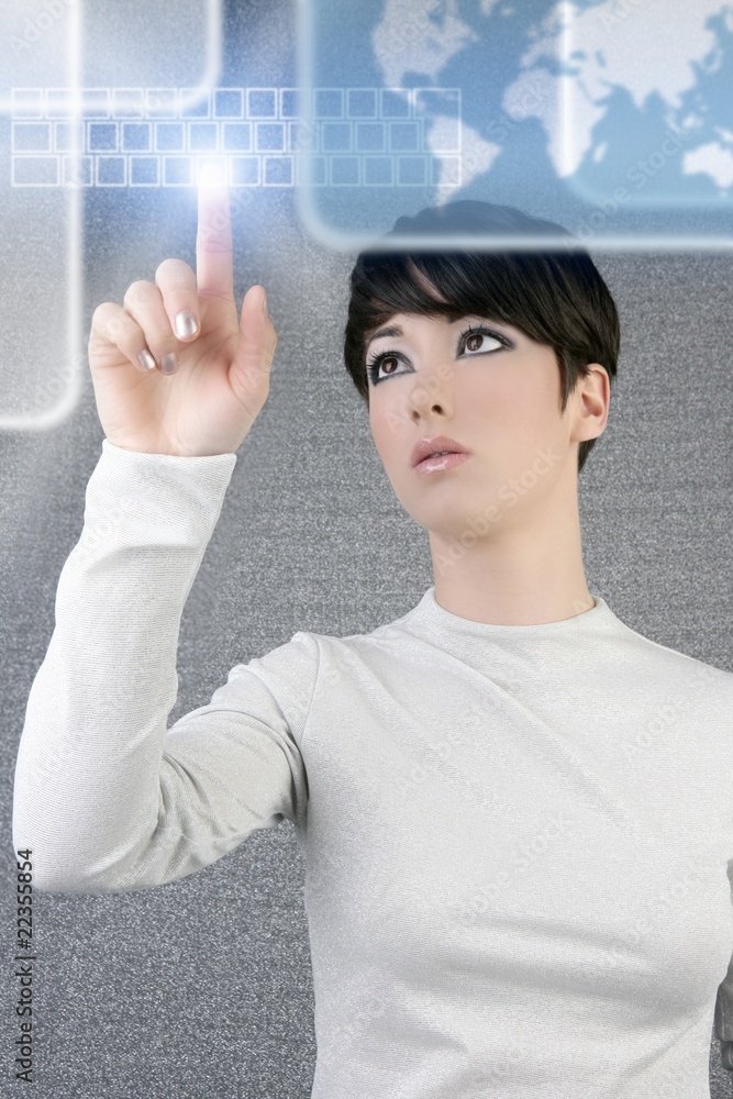 Poster futuristic businesswoman finger keyboard light screen