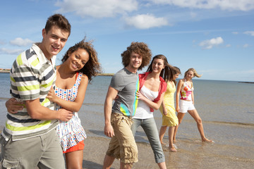 Group Of Young Friends Walking Along Summer Shoreline