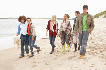 Obraz premium Group Of Young Friends Walking Along Autumn Shoreline