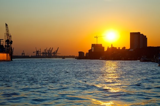 Sunset in the port of Hamburg