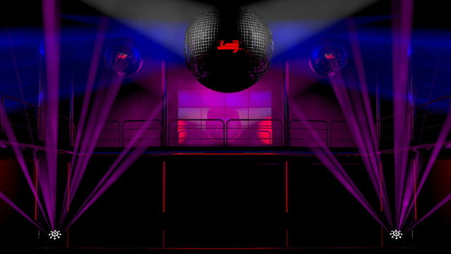 Night club interior with colorful spot lights and disco balls