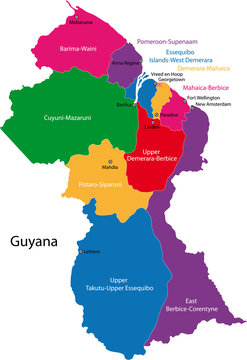 Map of the Co-operative Republic of Guyana with the regions