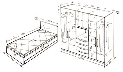 Modern interior design freehand drawing isolated on white.