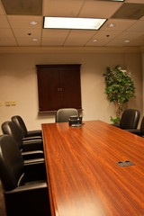 A long empty conference room table