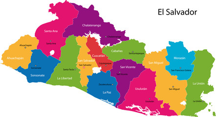 Map of the Republic of El Salvador with the departments