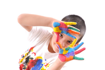 Fototapeta premium Happy kid with paints on hands framing