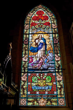 Stained glass window in historic Catholic Church