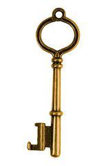Golden vintage key isolated on white background