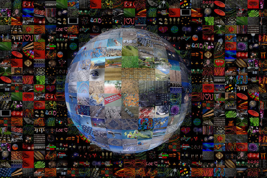 Planète Terre dans l'espace crée avec une mosaïque d'images, concept de media, internet et communication visuelle, collecte des données par l'interlligence artificielle (IA)
