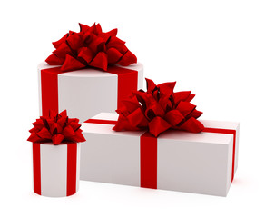white gifts with red ribbons and bows isolated