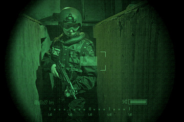 View through night vision googles- S.W.A.T. Operator- HUD added