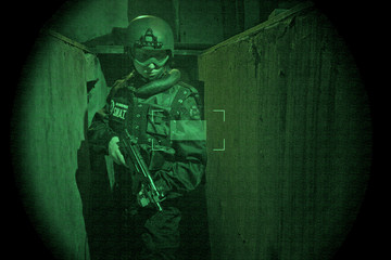 View through night vision googles- S.W.A.T. Operator- crosshair