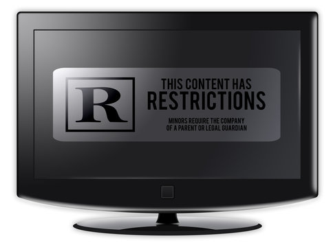 Flatscreen TV with "Restrictions" wording on screen
