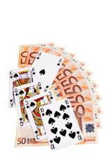Spades cards and 50 Euro banknotes over white background.