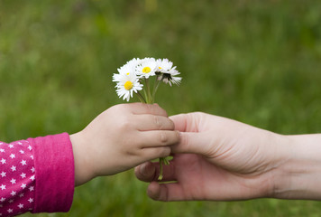 kind schenkt blumen